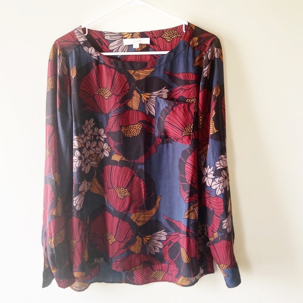 Ann Taylor Loft Floral Blouse Navy Red Orange S